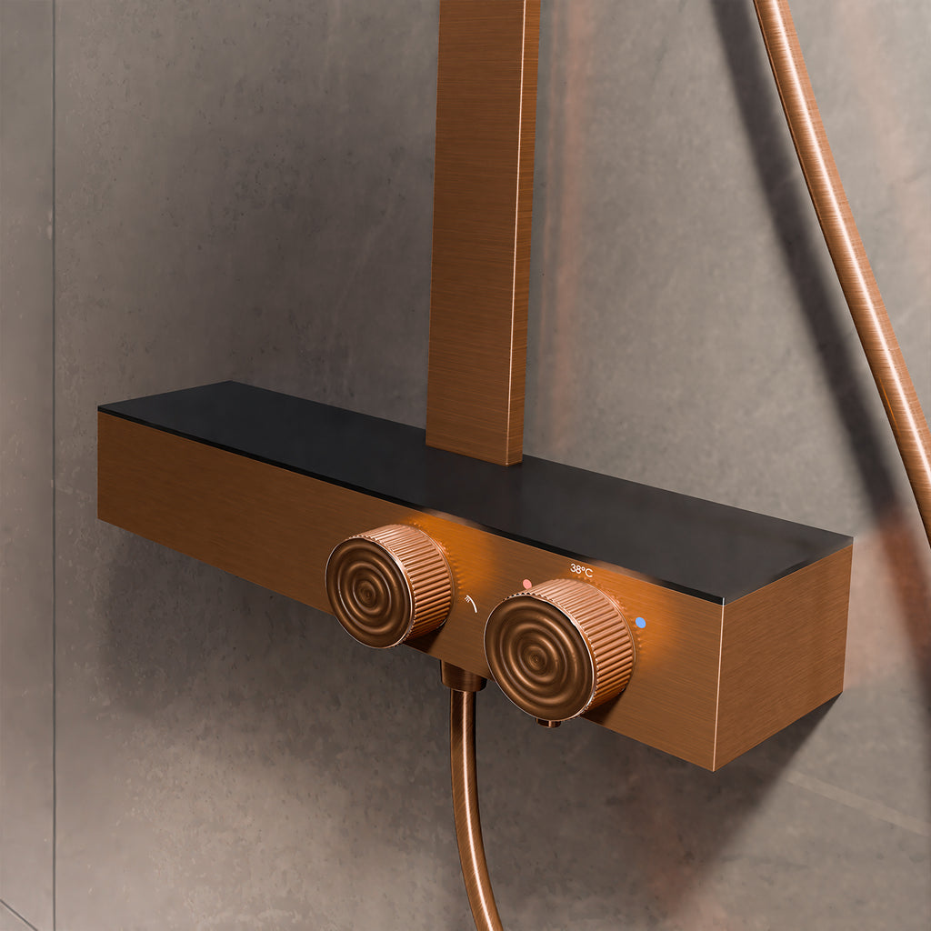 Steinberg shower set with glass shelf, thermostat with rotary knobs, Rain Shower and rod shower, Brushed Gold