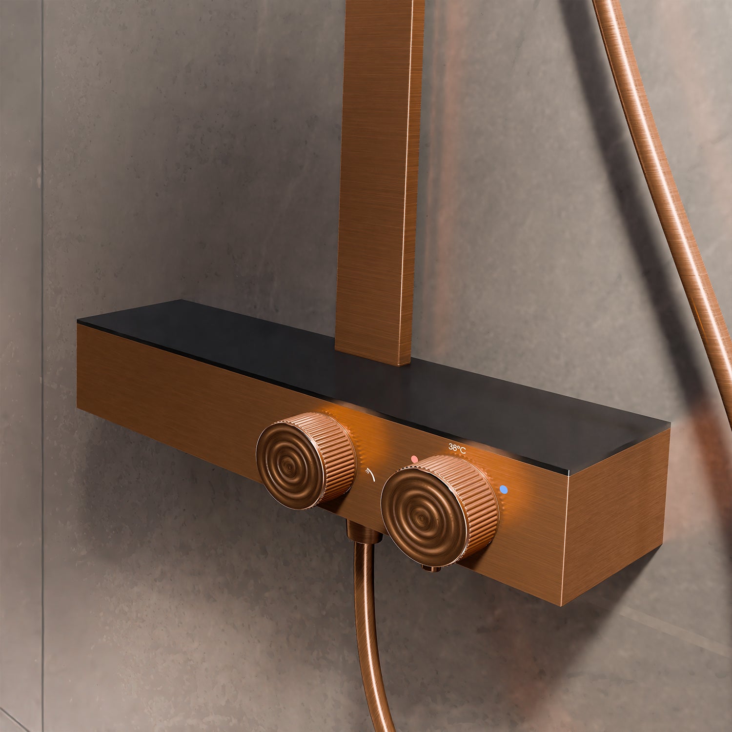 Steinberg shower set with glass shelf, thermostat with rotary knobs, Rain Shower and rod shower, Brushed Gold