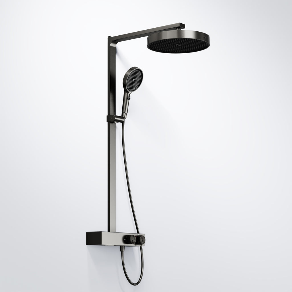 Steinberg shower set with glass shelf, thermostat with rotary knobs, Rain Shower and rod shower, Brushed Gold