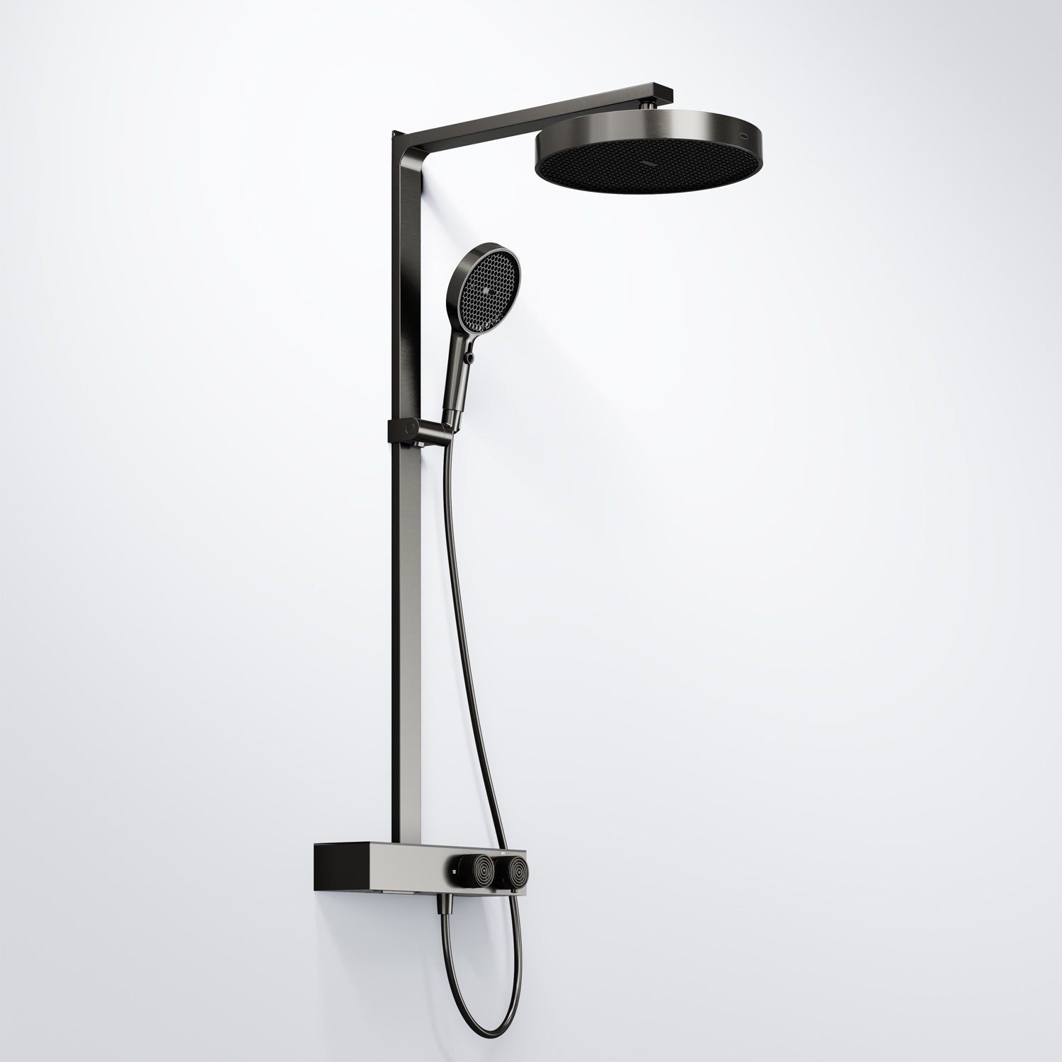 Steinberg shower set with glass shelf, thermostat with rotary knobs, Rain Shower and rod shower, Brushed Gold