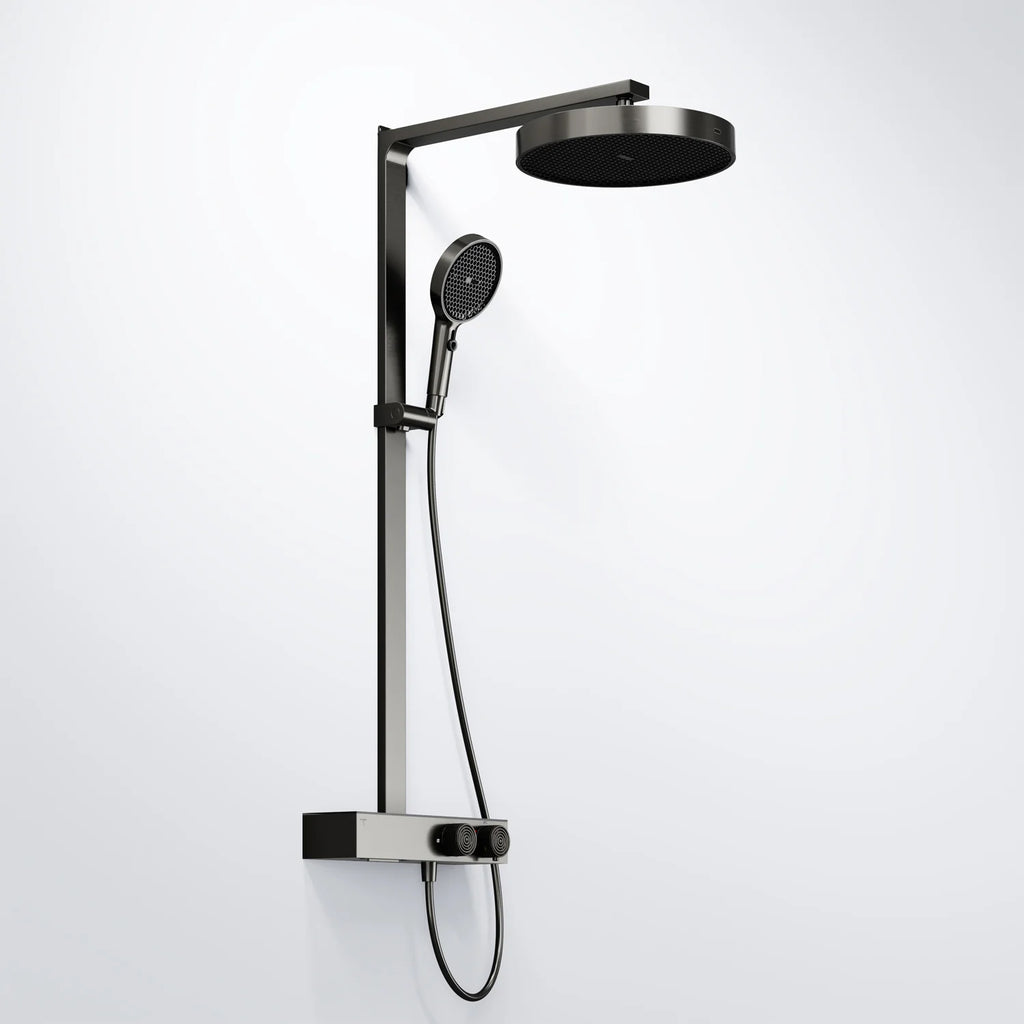 Steinberg Duschsystem mit Glasablage für 3 Verbraucher - Thermostat mit Drehknöpfen, Regenbrause, Handbrause & integriertem Schwall