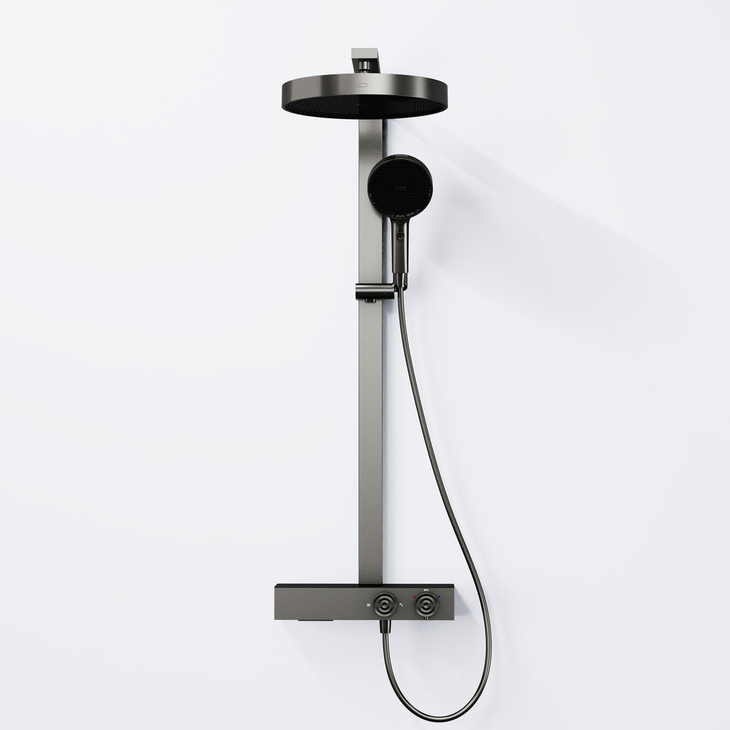 Steinberg shower set with glass shelf, thermostat with rotary knobs, Rain Shower and rod shower, Brushed Gold