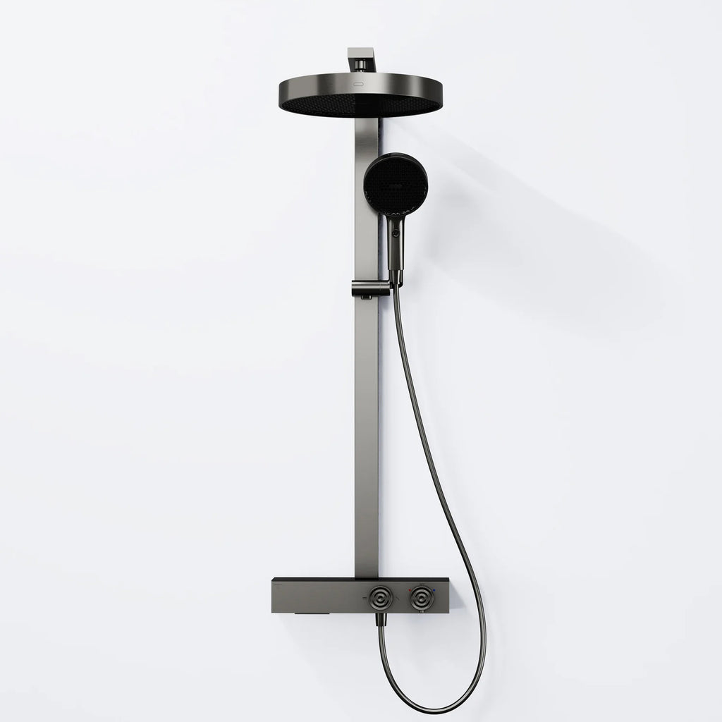 Steinberg Duschsystem mit Glasablage für 3 Verbraucher - Thermostat mit Drehknöpfen, Regenbrause, Handbrause & integriertem Schwall
