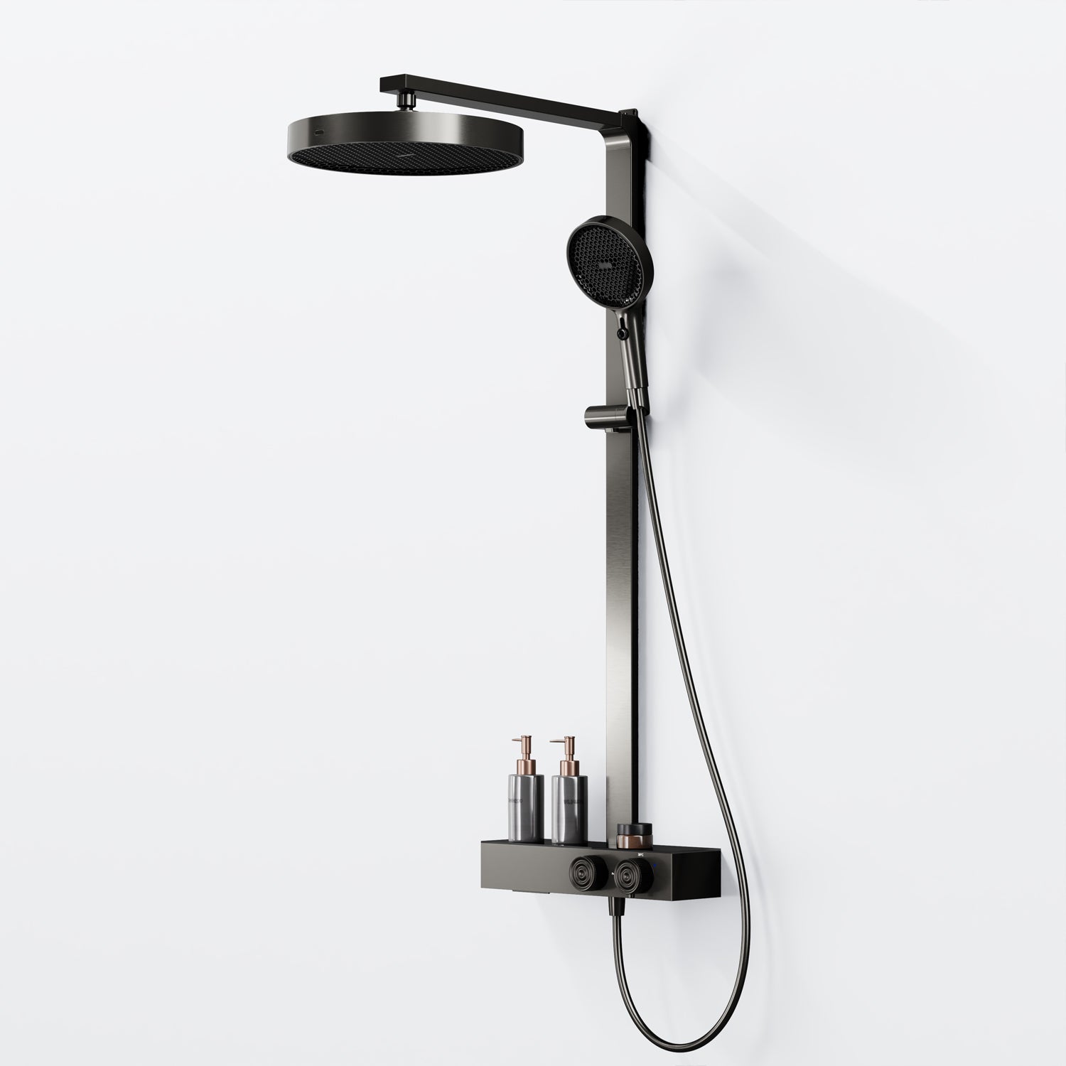 Steinberg shower set with glass shelf, thermostat with rotary knobs, Rain Shower and rod shower, Brushed Gold