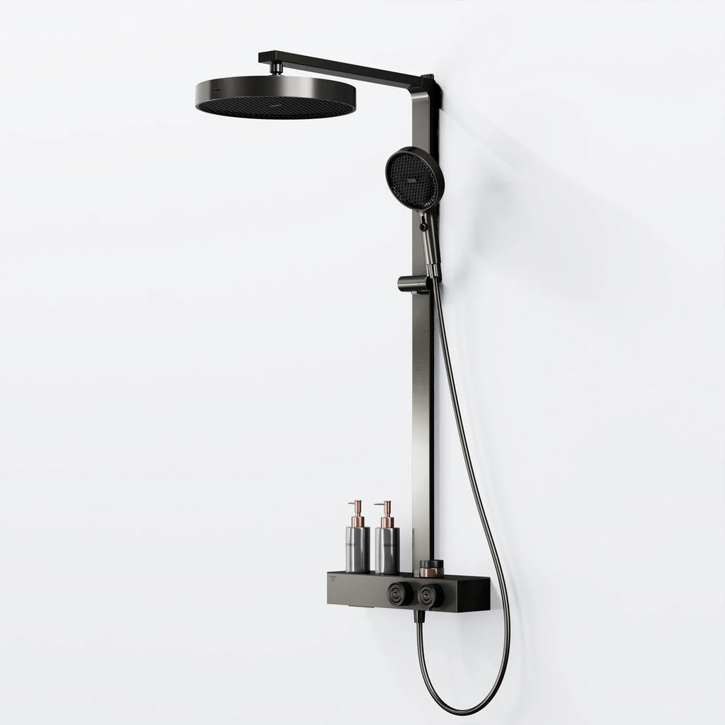 Steinberg Duschsystem mit Glasablage für 3 Verbraucher - Thermostat mit Drehknöpfen, Regenbrause, Handbrause & integriertem Schwall