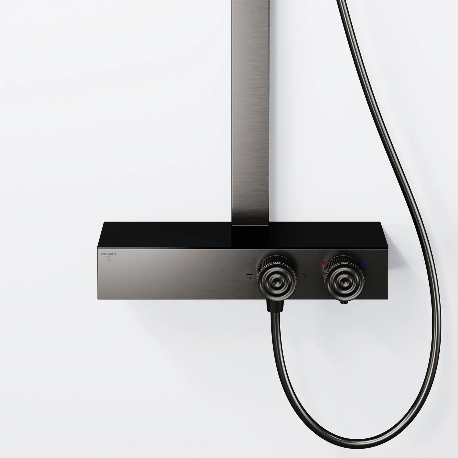 Steinberg Duschsystem mit Glasablage für 3 Verbraucher - Thermostat mit Drehknöpfen, Regenbrause, Handbrause & integriertem Schwall