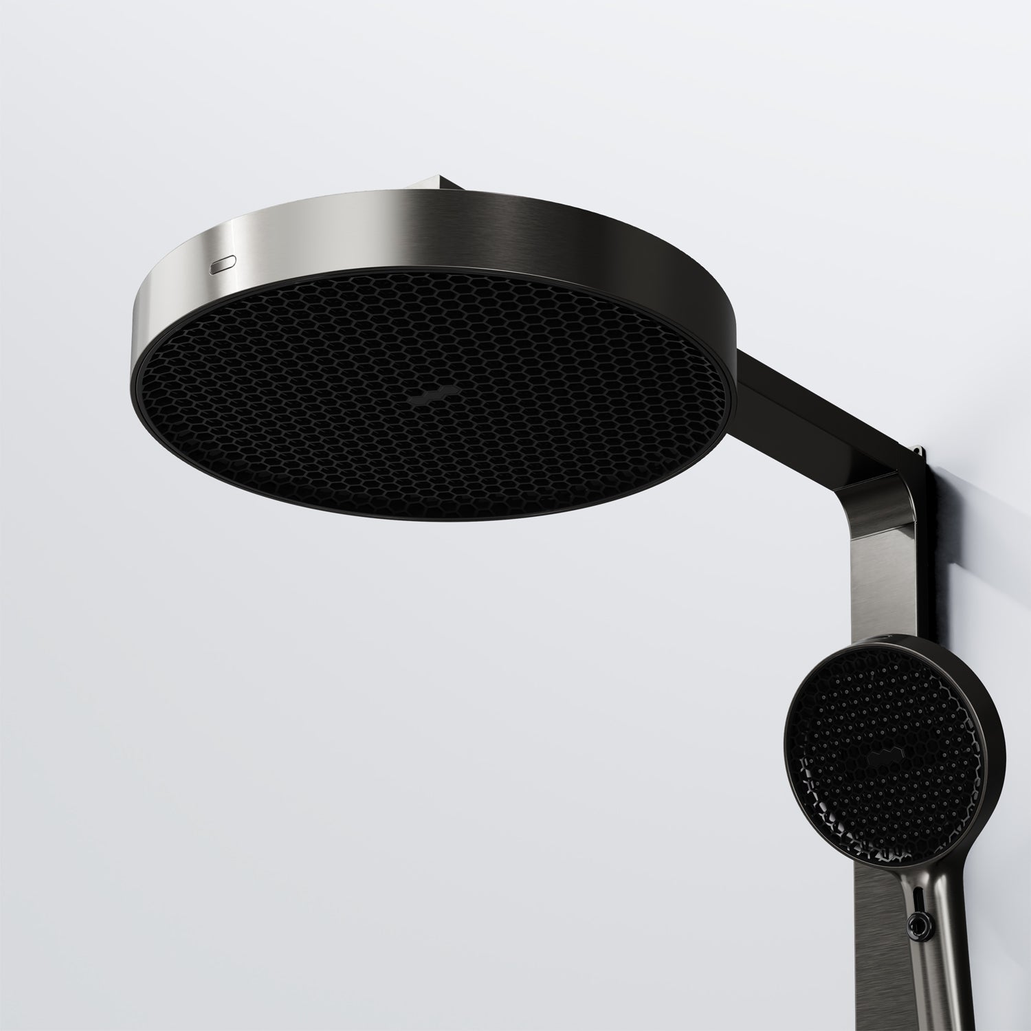 Steinberg shower set with glass shelf, thermostat with rotary knobs, Rain Shower and rod shower, Brushed Gold