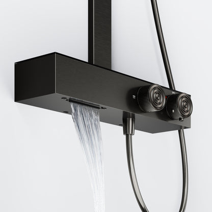 Steinberg Duschsystem mit Glasablage für 3 Verbraucher - Thermostat mit Drehknöpfen, Regenbrause, Handbrause & integriertem Schwall