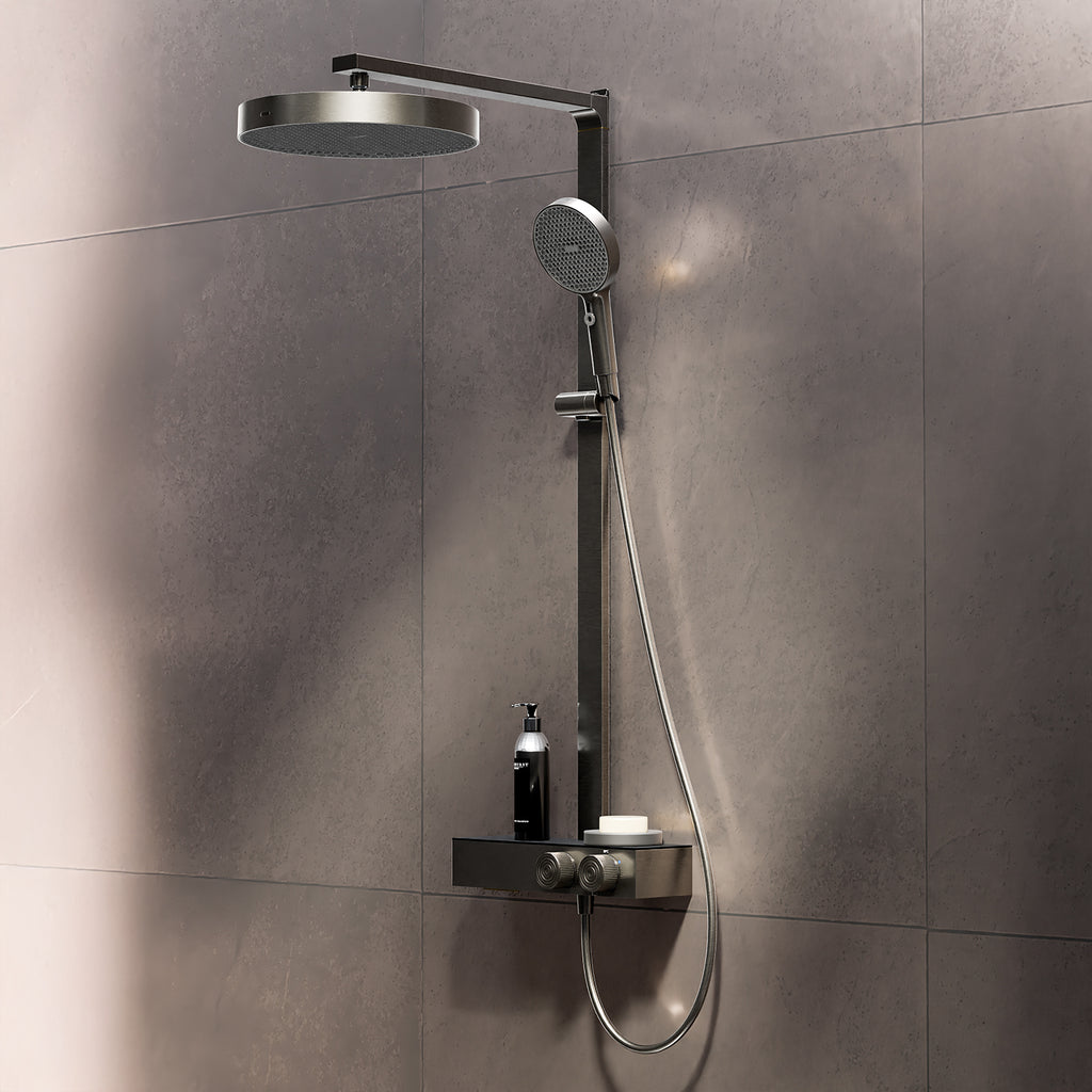 Steinberg shower set with glass shelf, thermostat with rotary knobs, Rain Shower and rod shower, Brushed Gold