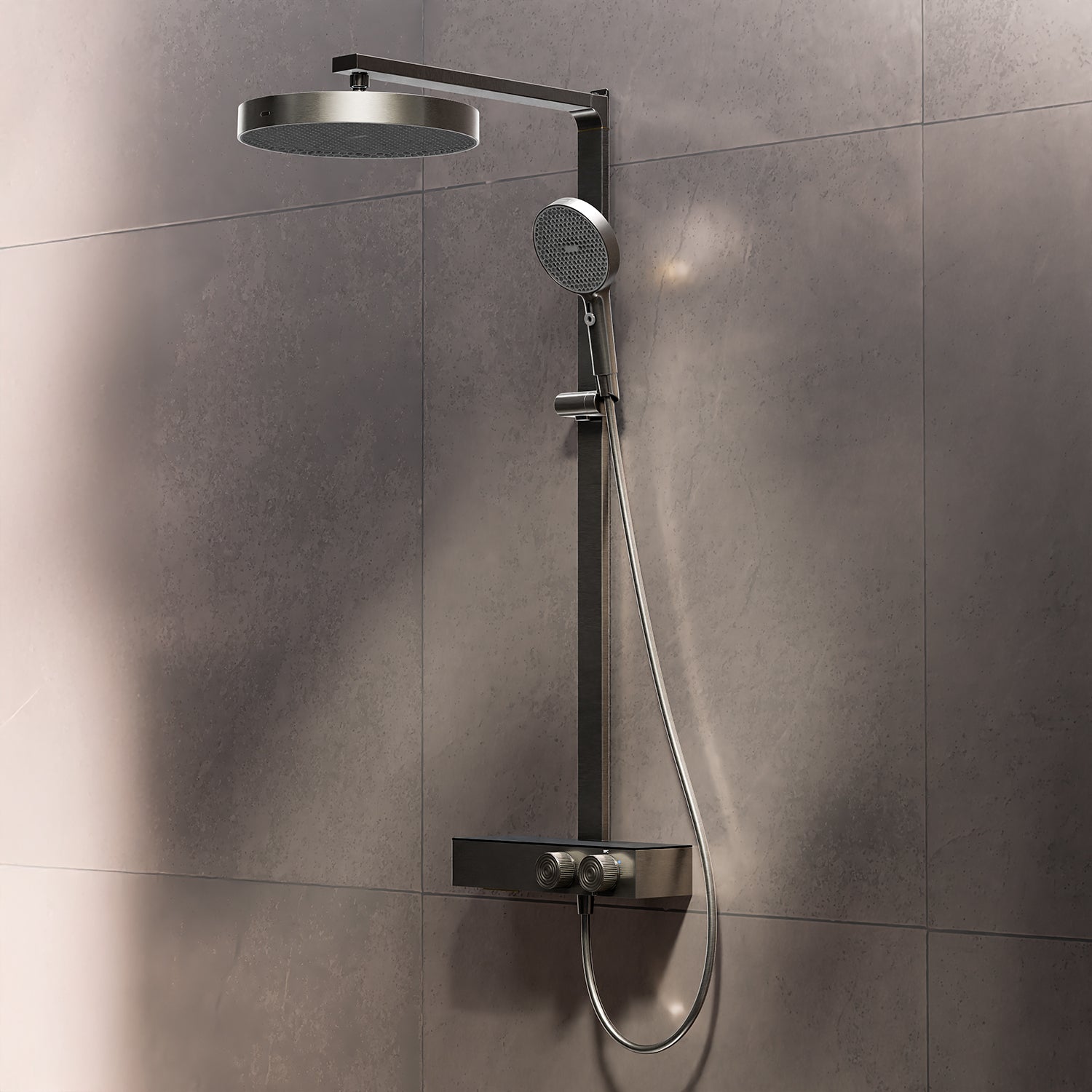 Steinberg shower set with glass shelf, thermostat with rotary knobs, Rain Shower and rod shower, Brushed Gold