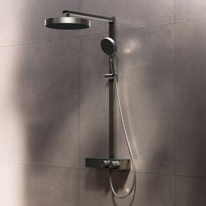 Steinberg Duschsystem mit Glasablage für 3 Verbraucher - Thermostat mit Drehknöpfen, Regenbrause, Handbrause & integriertem Schwall