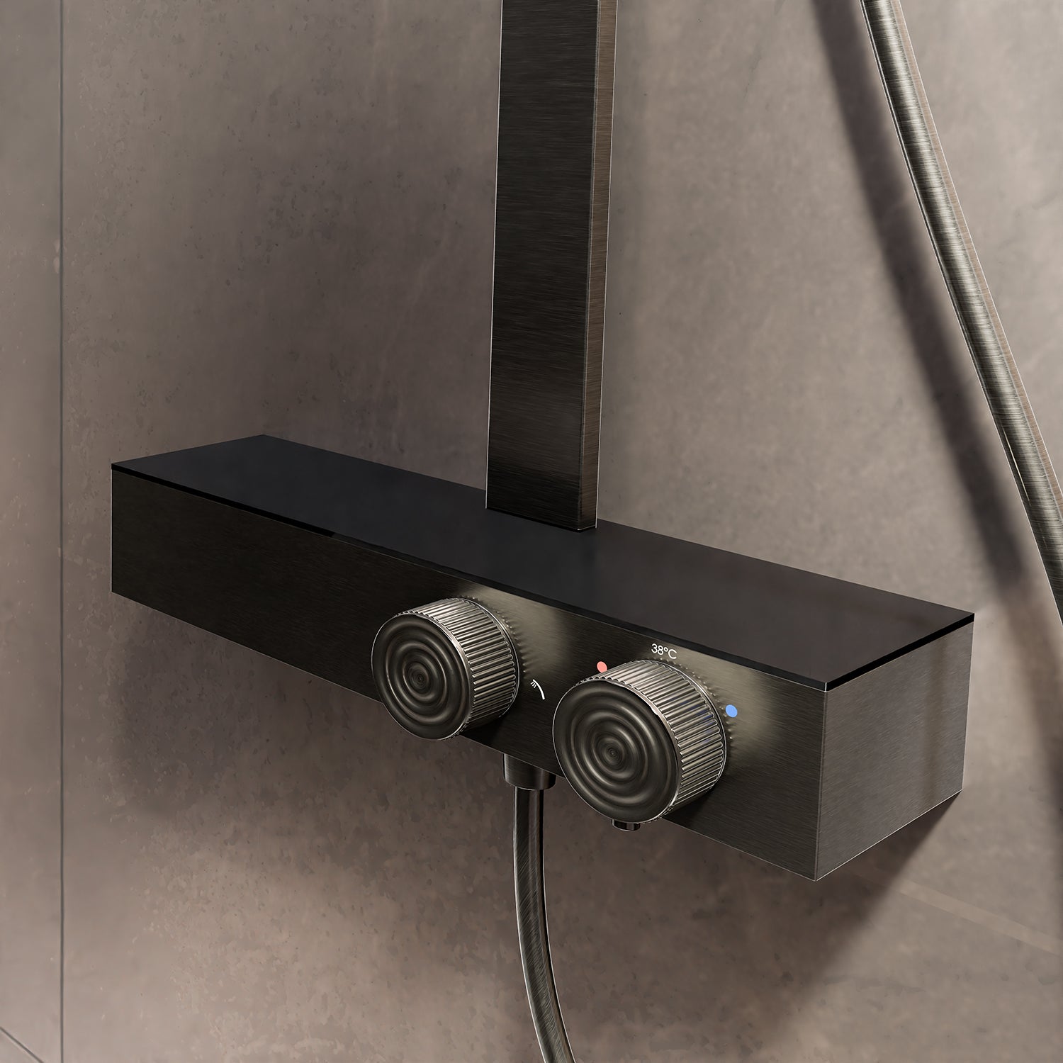 Steinberg shower set with glass shelf, thermostat with rotary knobs, Rain Shower and rod shower, Brushed Gold