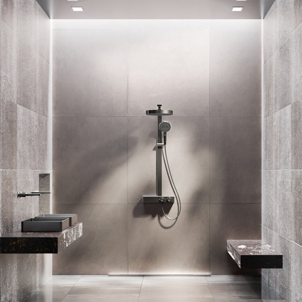 Steinberg shower set with glass shelf, thermostat with rotary knobs, Rain Shower and rod shower, Brushed Gold