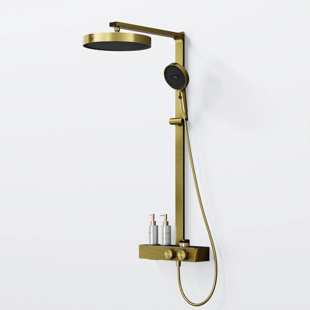 Steinberg Duschsystem mit Glasablage für 3 Verbraucher - Thermostat mit Drehknöpfen, Regenbrause, Handbrause & integriertem Schwall