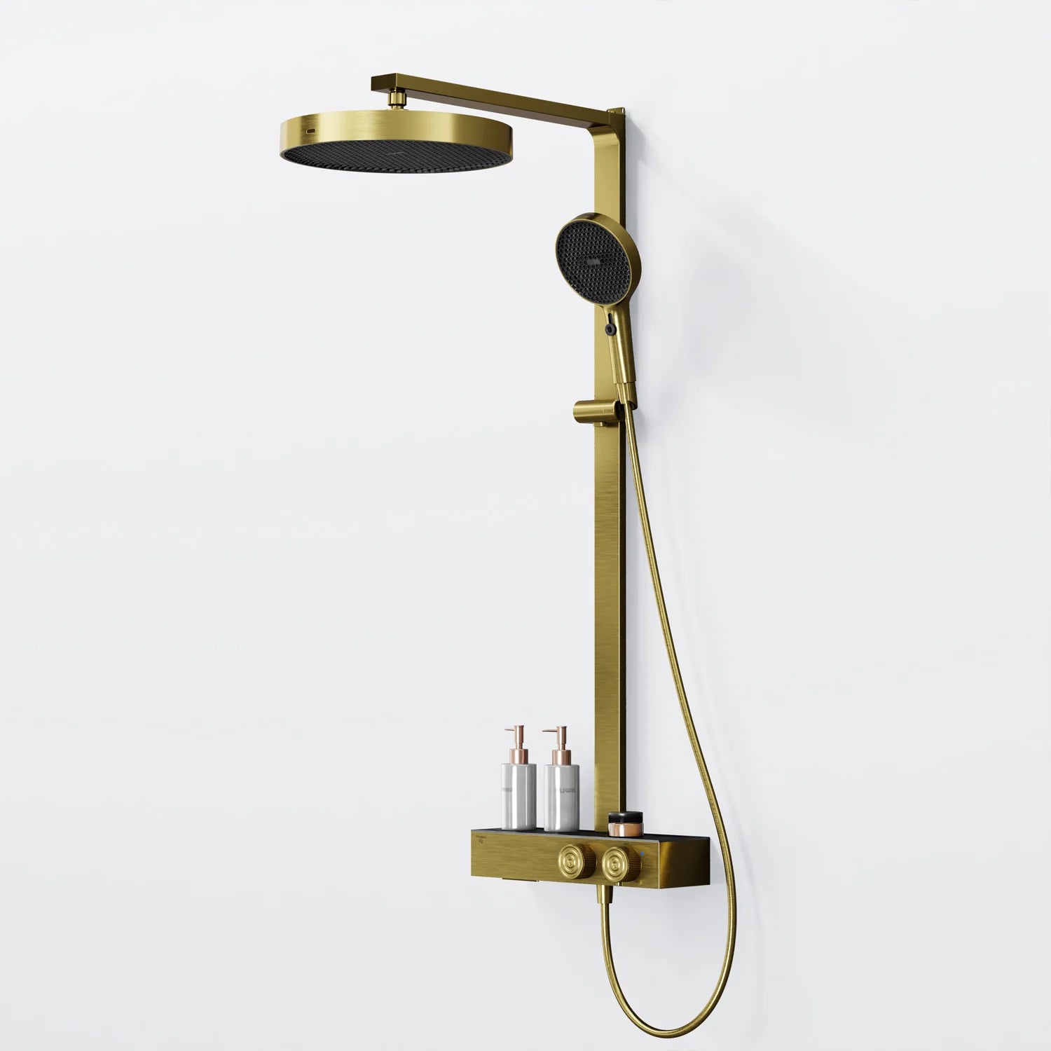 Steinberg Duschsystem mit Glasablage für 3 Verbraucher - Thermostat mit Drehknöpfen, Regenbrause, Handbrause & integriertem Schwall