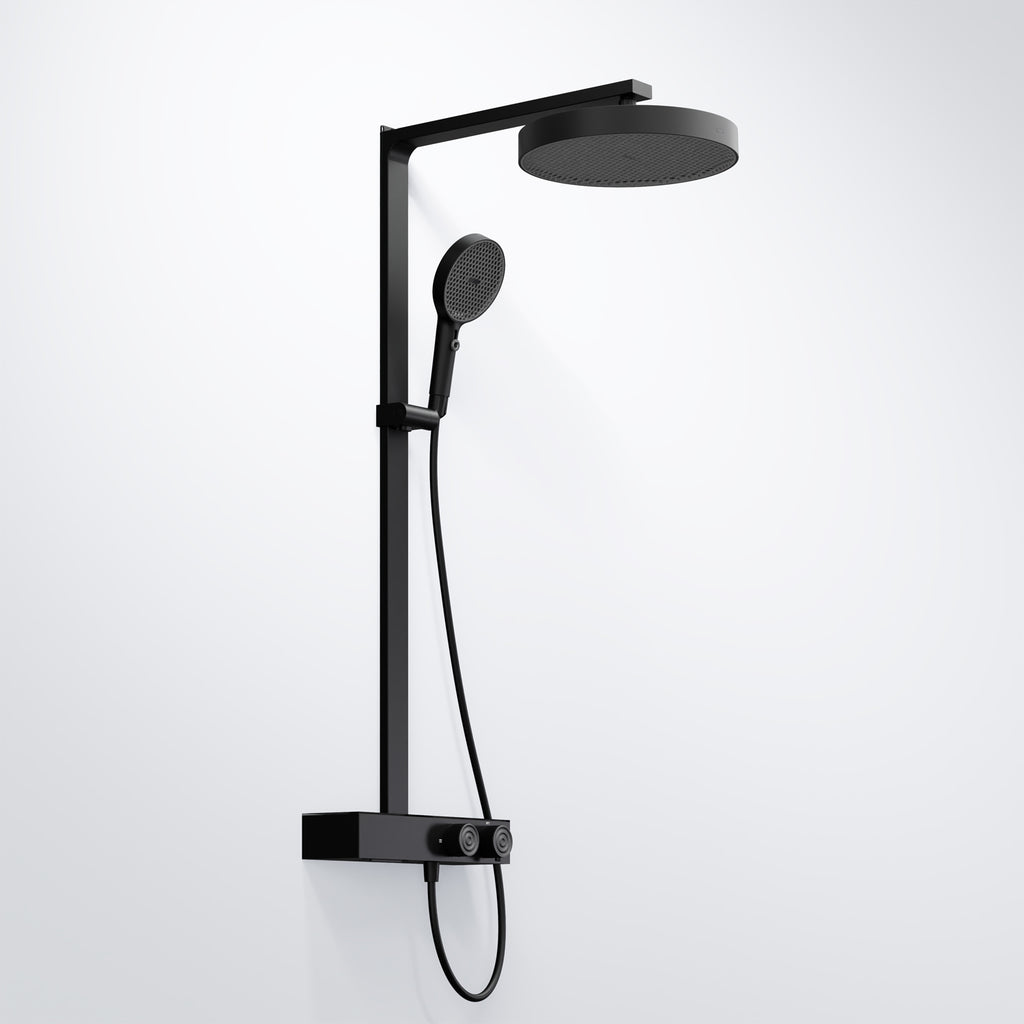 Steinberg shower set with glass shelf, thermostat with rotary knobs, Rain Shower and rod shower, Brushed Gold