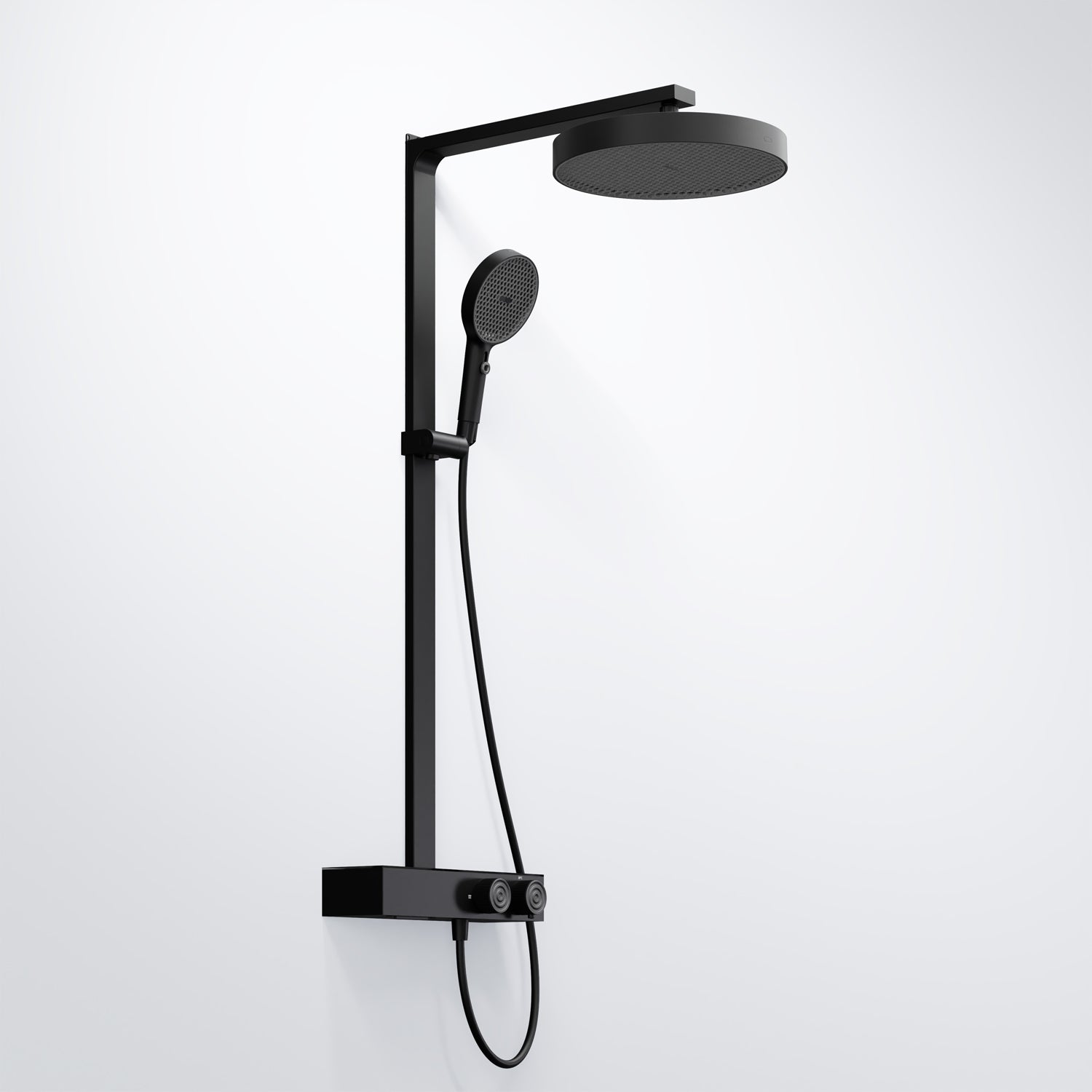 Steinberg shower set with glass shelf, thermostat with rotary knobs, Rain Shower and rod shower, Brushed Gold