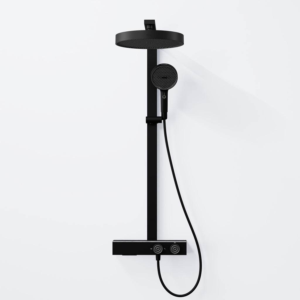 Steinberg shower set with glass shelf, thermostat with rotary knobs, Rain Shower and rod shower, Brushed Gold