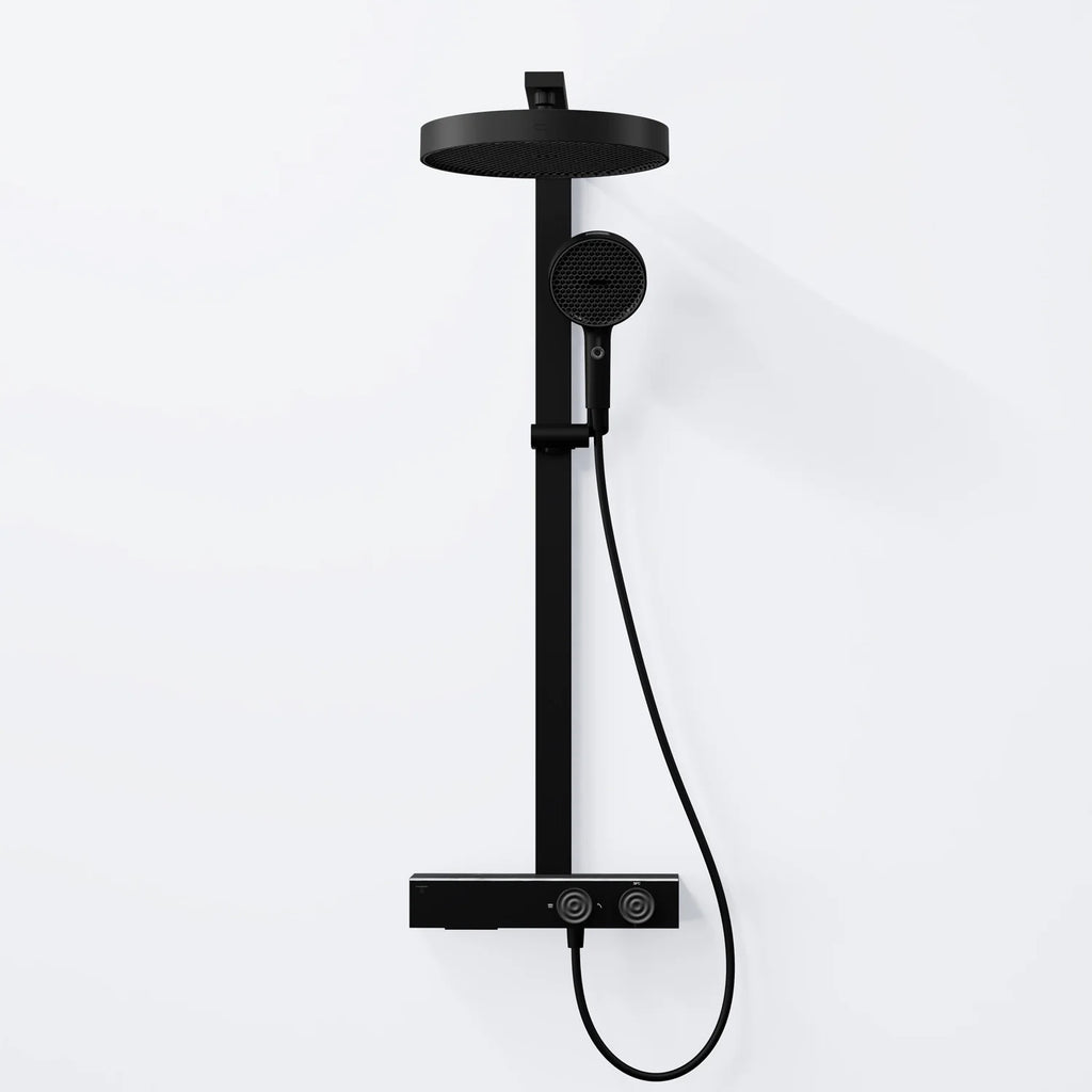 Steinberg Duschsystem mit Glasablage für 3 Verbraucher - Thermostat mit Drehknöpfen, Regenbrause, Handbrause & integriertem Schwall