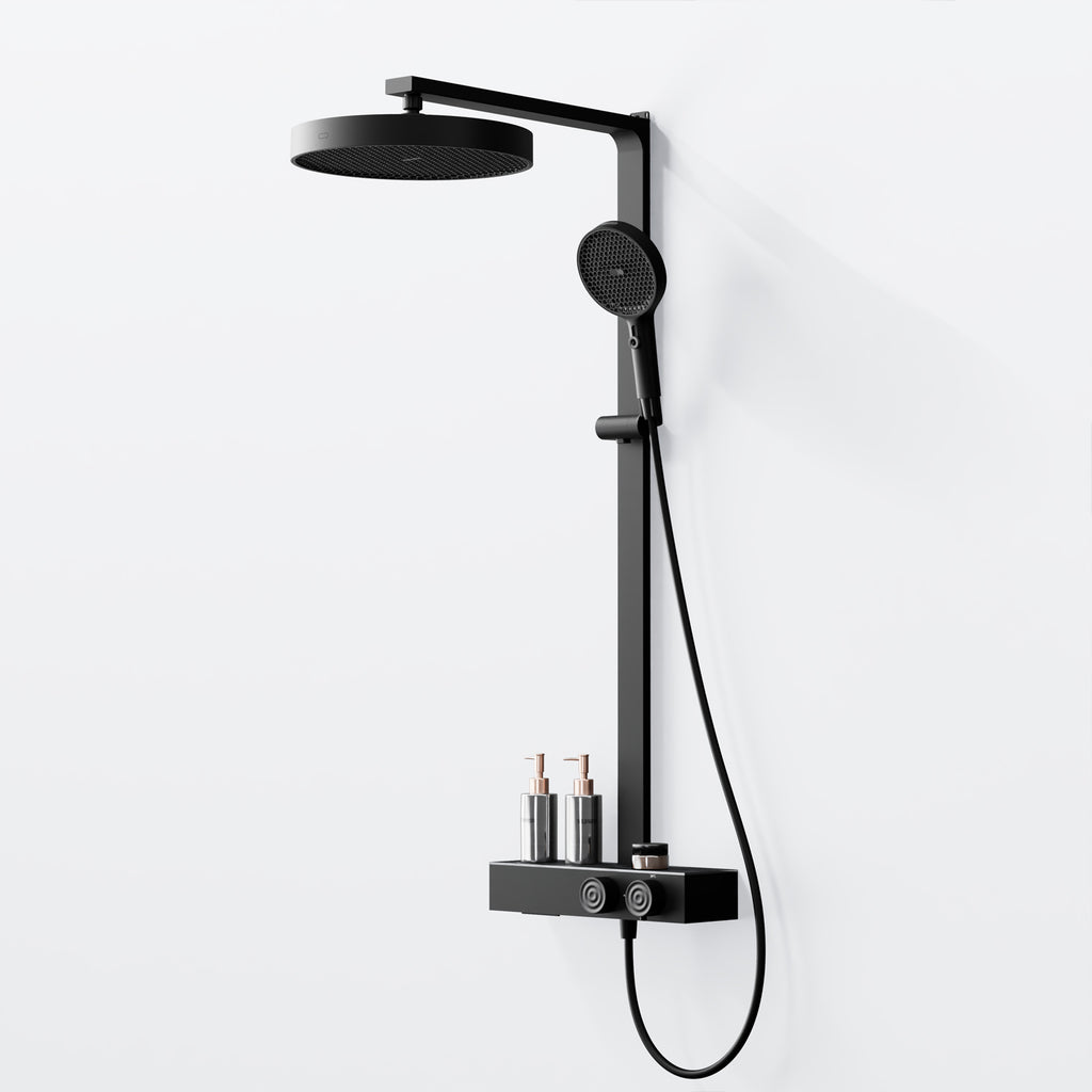 Steinberg shower set with glass shelf, thermostat with rotary knobs, Rain Shower and rod shower, Brushed Gold