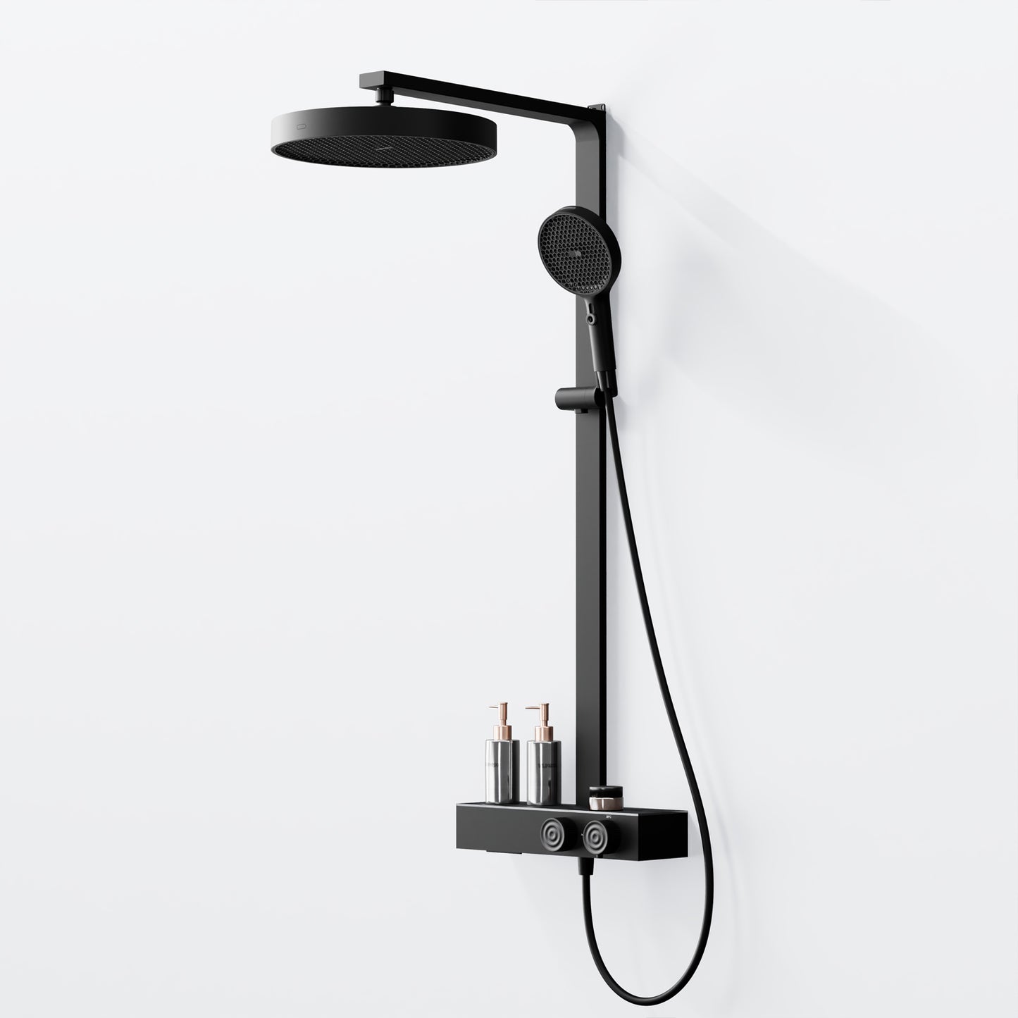 Steinberg Duschsystem mit Glasablage, Thermostat mit Drehknöpfen, Regenbrause und Stabhandbrause
