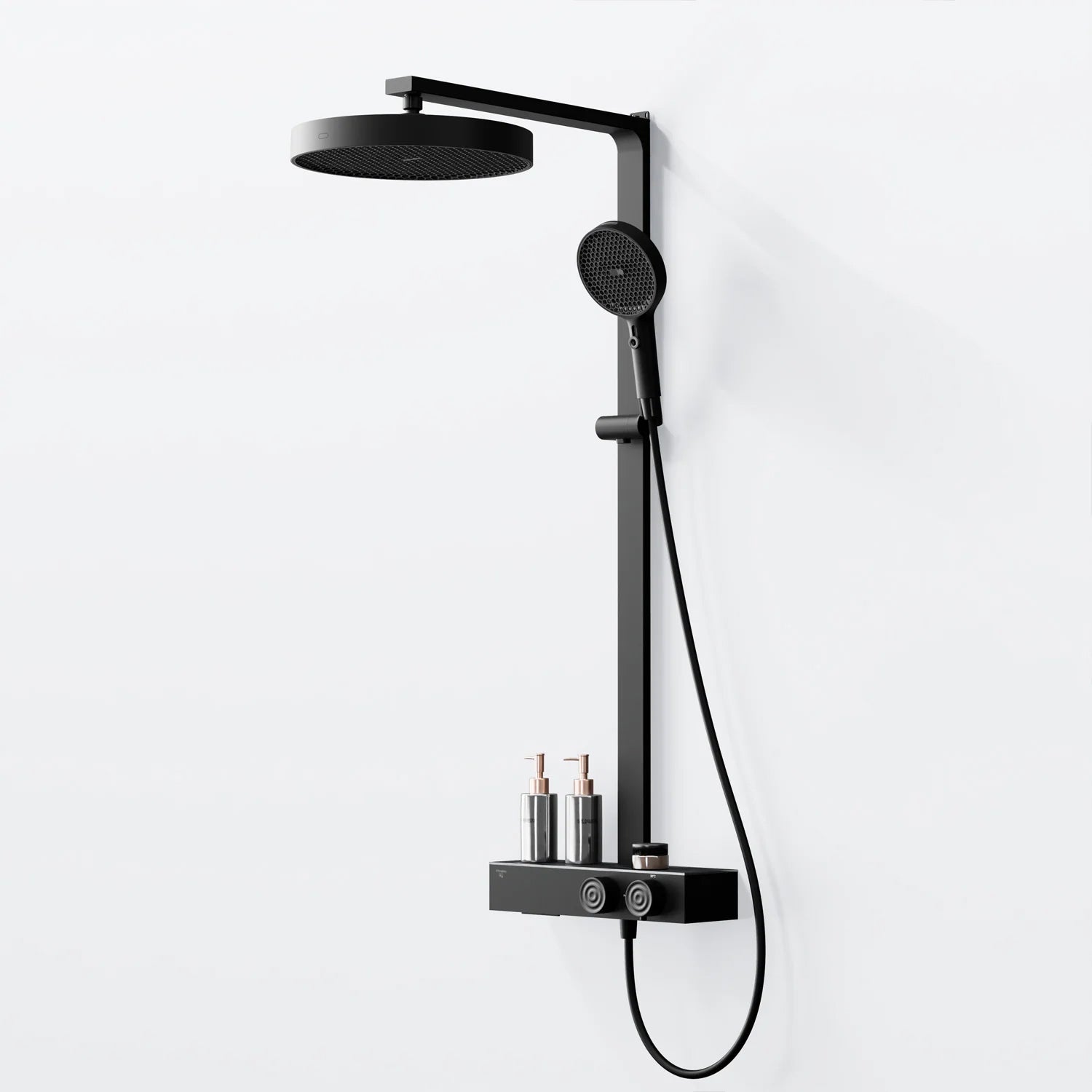 Steinberg Duschsystem mit Glasablage für 3 Verbraucher - Thermostat mit Drehknöpfen, Regenbrause, Handbrause & integriertem Schwall
