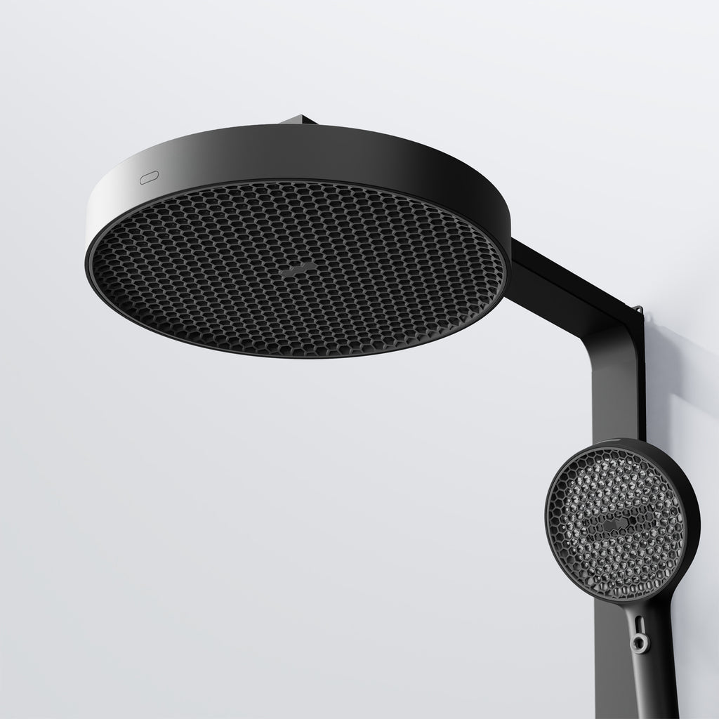 Steinberg shower set with glass shelf, thermostat with rotary knobs, Rain Shower and rod shower, Brushed Gold