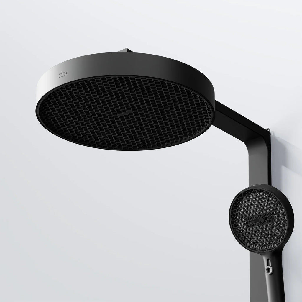 Steinberg Duschsystem mit Glasablage für 3 Verbraucher - Thermostat mit Drehknöpfen, Regenbrause, Handbrause & integriertem Schwall
