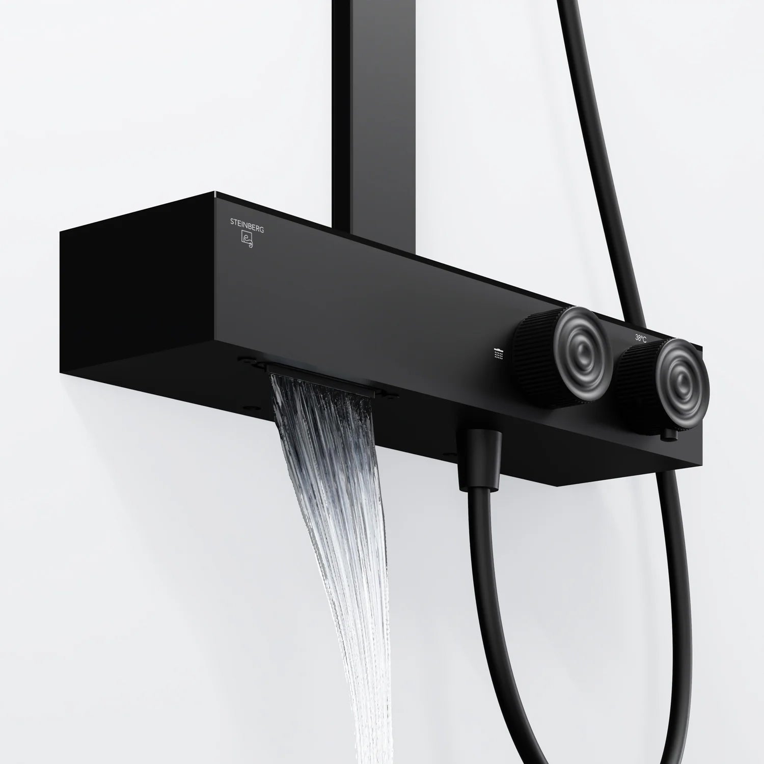 Steinberg Duschsystem mit Glasablage für 3 Verbraucher - Thermostat mit Drehknöpfen, Regenbrause, Handbrause & integriertem Schwall
