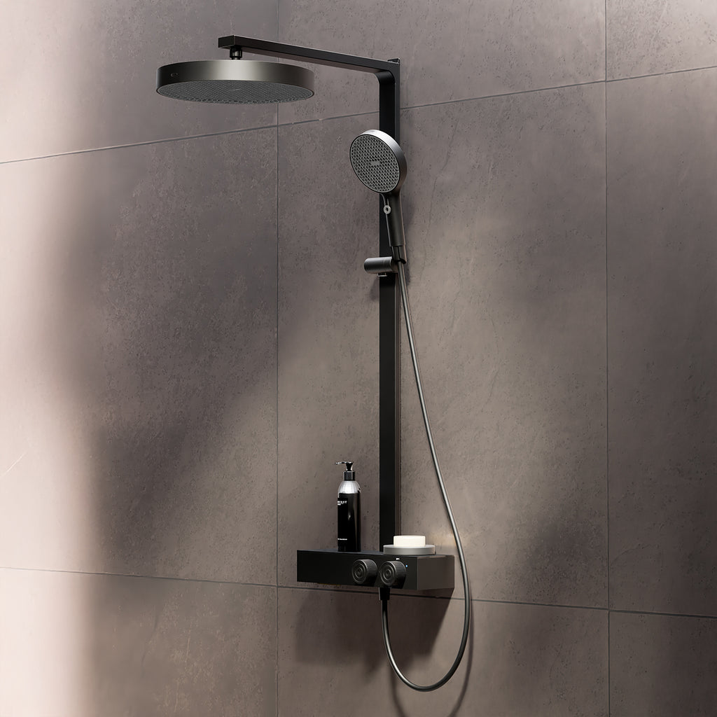 Steinberg shower set with glass shelf, thermostat with rotary knobs, Rain Shower and rod shower, Brushed Gold