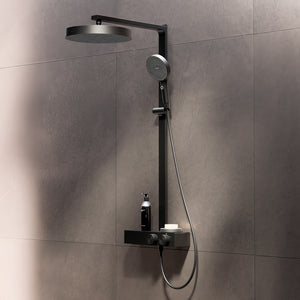 Steinberg shower set with glass shelf, thermostat with rotary knobs, Rain Shower and rod shower, Brushed Gold
