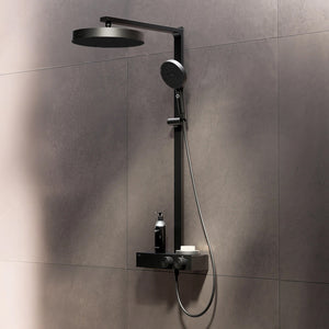 Steinberg Duschsystem mit Glasablage für 3 Verbraucher - Thermostat mit Drehknöpfen, Regenbrause, Handbrause & integriertem Schwall
