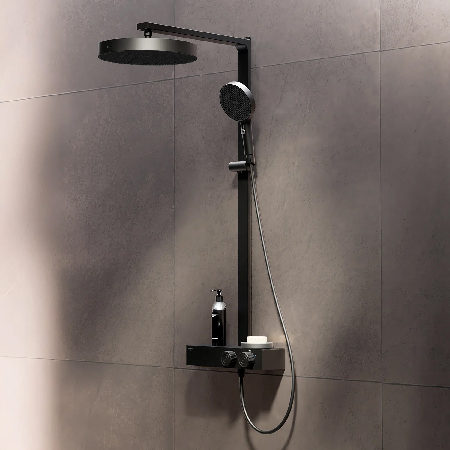 Steinberg Duschsystem mit Glasablage für 3 Verbraucher - Thermostat mit Drehknöpfen, Regenbrause, Handbrause & integriertem Schwall
