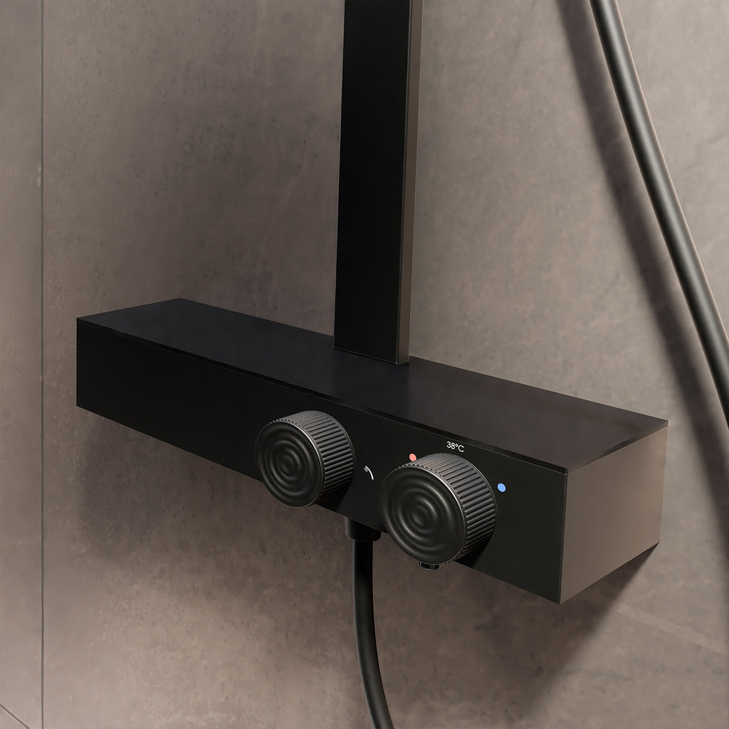 Steinberg shower set with glass shelf, thermostat with rotary knobs, Rain Shower and rod shower, Brushed Gold