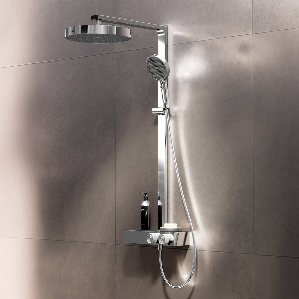 Steinberg shower set with glass shelf, thermostat with rotary knobs, Rain Shower and rod shower, Brushed Gold