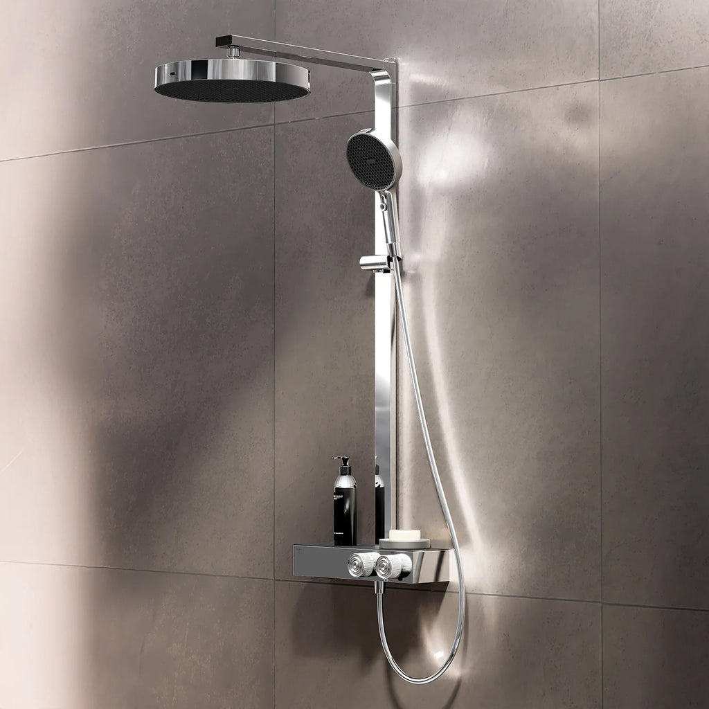 Steinberg Duschsystem mit Glasablage für 3 Verbraucher - Thermostat mit Drehknöpfen, Regenbrause, Handbrause & integriertem Schwall
