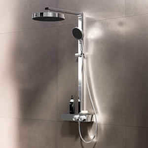 Steinberg Duschsystem mit Glasablage für 3 Verbraucher - Thermostat mit Drehknöpfen, Regenbrause, Handbrause & integriertem Schwall