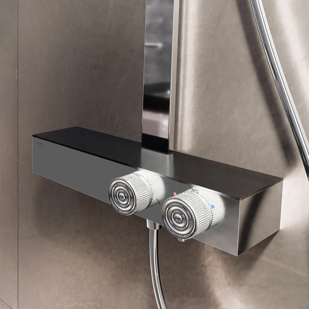 Steinberg Duschsystem mit Glasablage für 3 Verbraucher - Thermostat mit Drehknöpfen, Regenbrause, Handbrause & integriertem Schwall