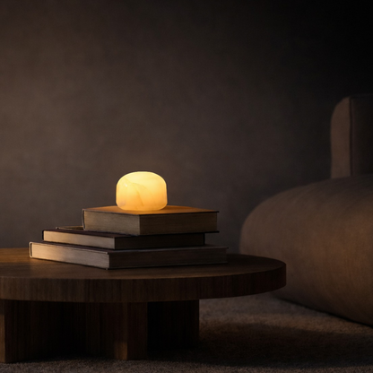 Tischlampe aus halb-ovalförmigem Alabaster, für warm-weißes Licht in drei Helligkeitsstufen