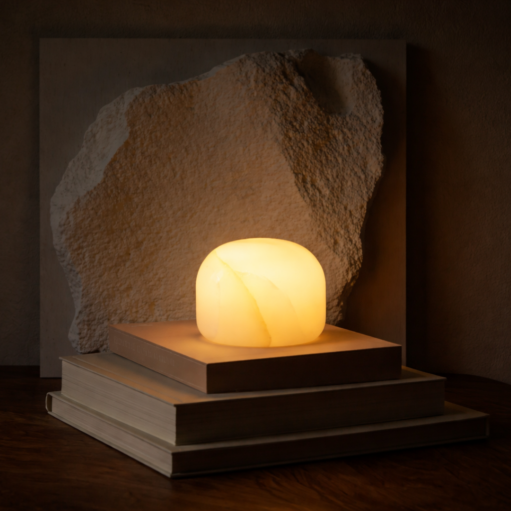 Lampe de table en albâtre de forme semi-ovale, pour une lumière blanc chaud en trois niveaux de luminosité