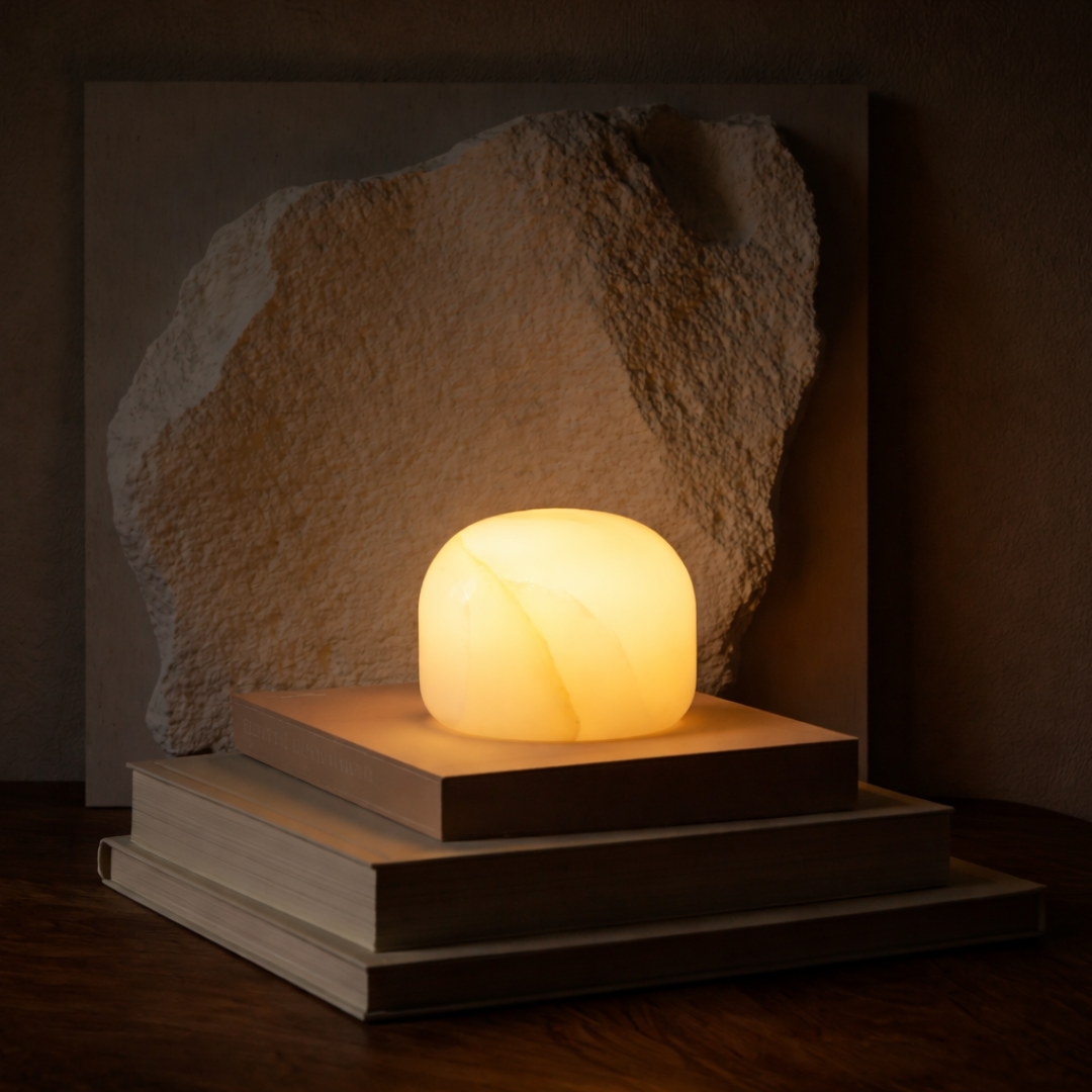 Tischlampe aus halb-ovalförmigem Alabaster, für warm-weißes Licht in drei Helligkeitsstufen