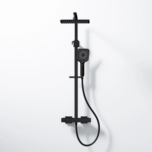 Steinberg Duschsystem matt Schwarz, mit Thermostat, Regenbrause eckig und Stabhandbrause