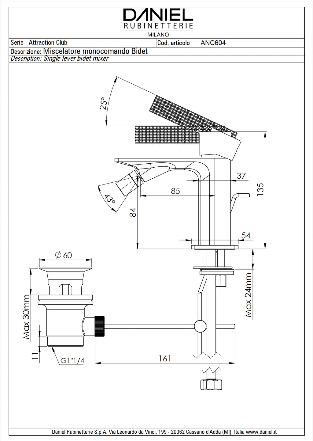 Daniel Rub. Bidet -hand battery - Club series - with drain set - chrome