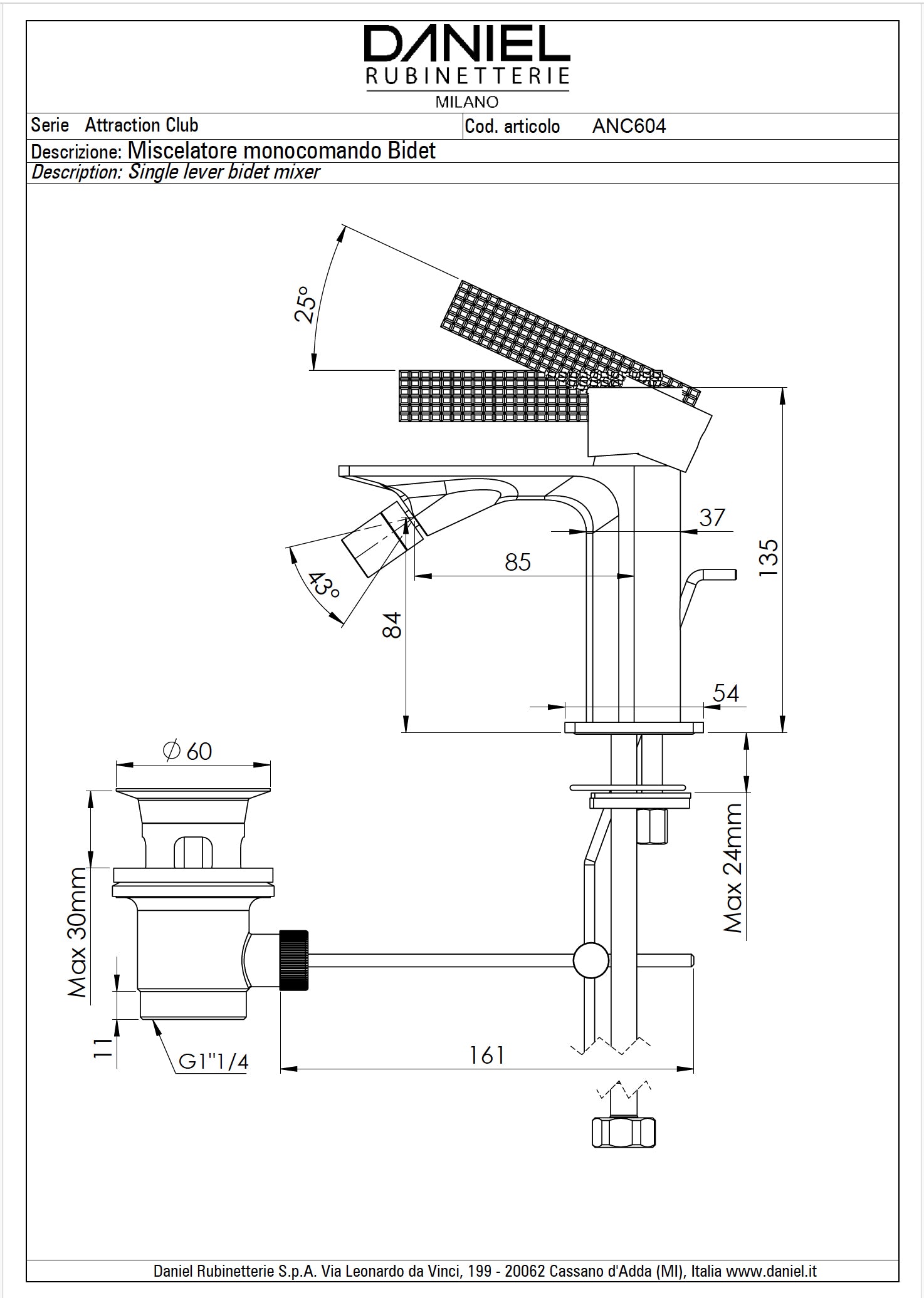 Daniel Rub. Bidet -hand battery - Club series - with drain set - chrome