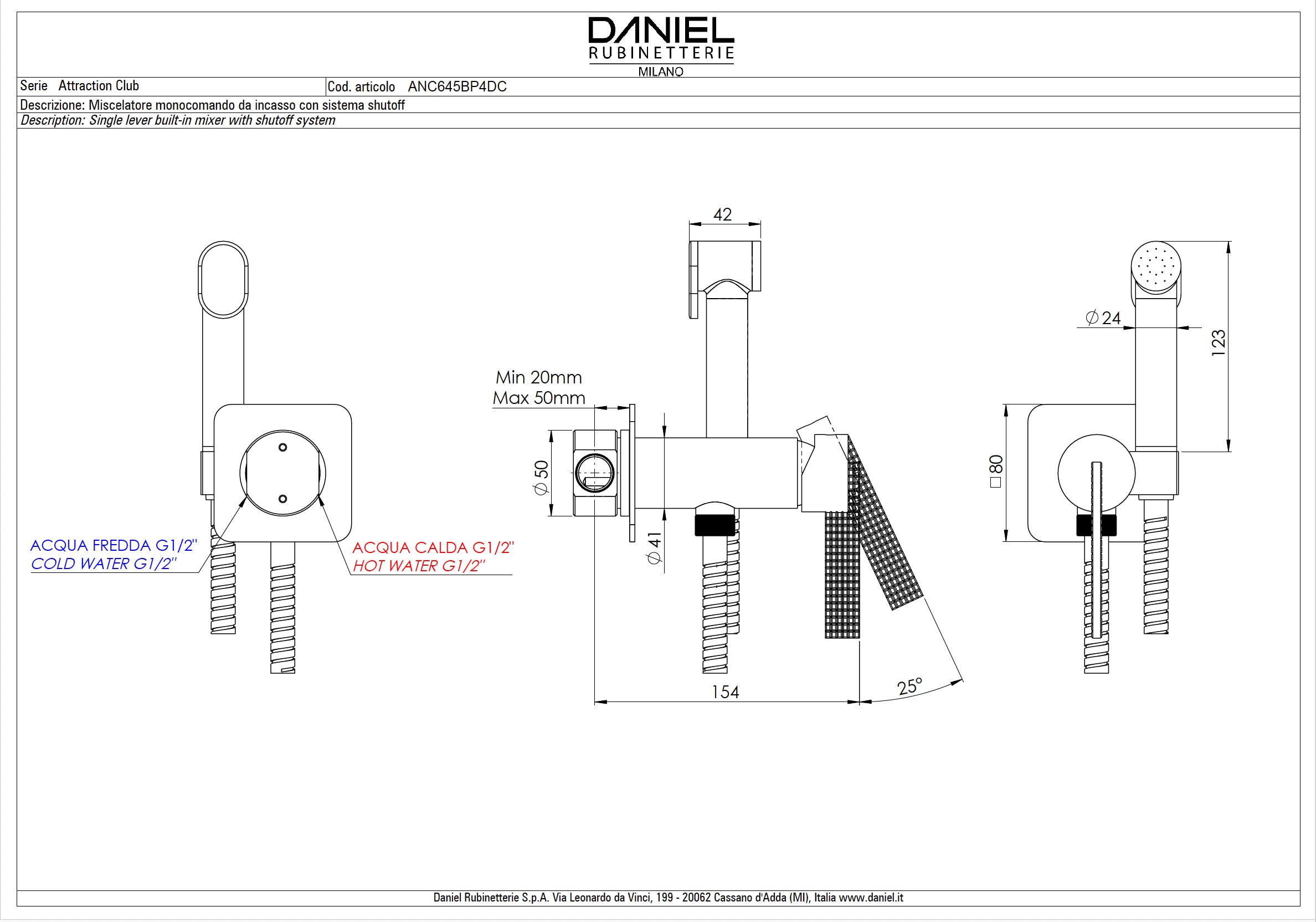DANIEL Rub. Shut-off concealed fitting / hand shower - Club series - chrome