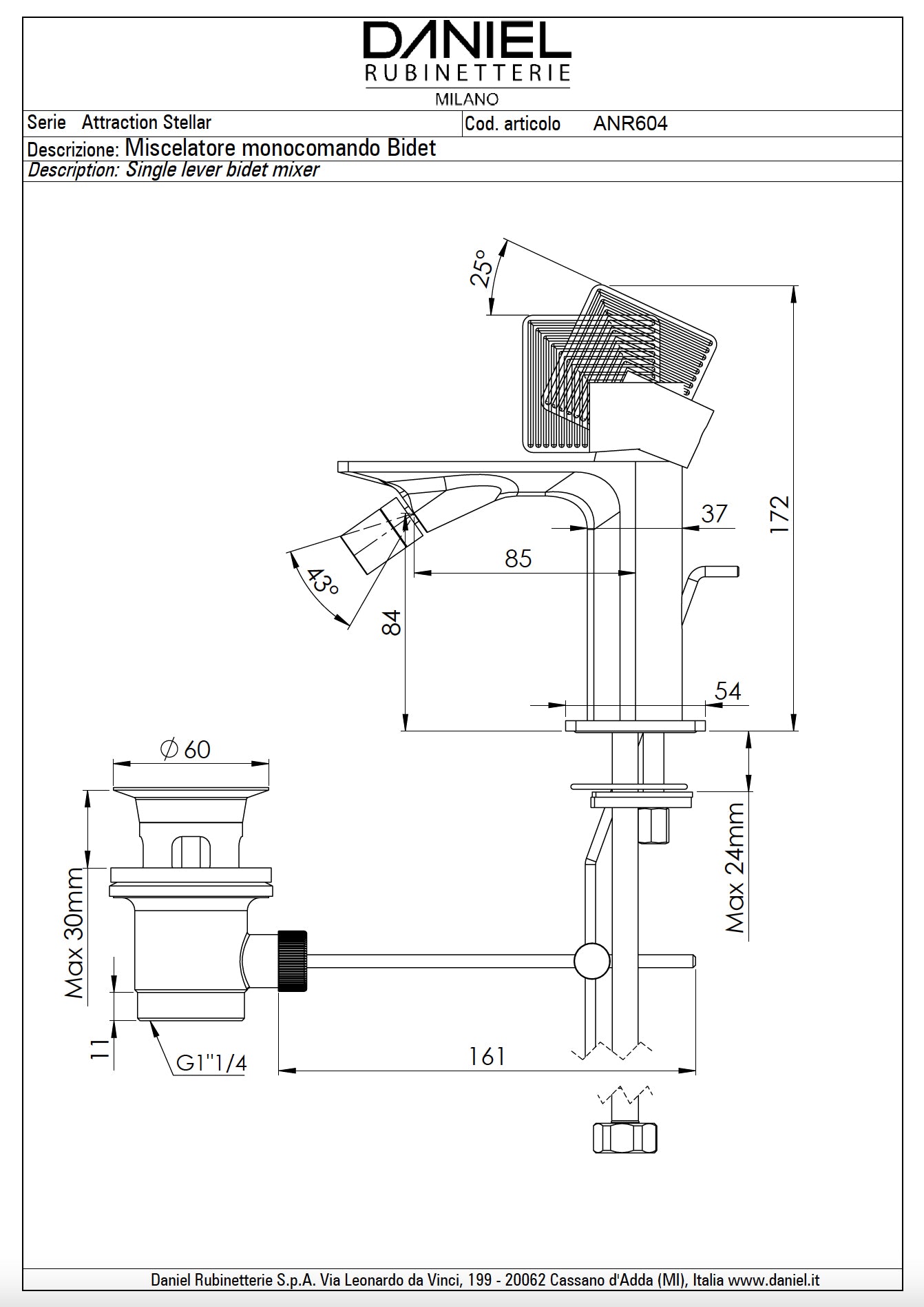 Daniel Rub. Bidet one -hand battery - Stellar series - with drain set - chrome