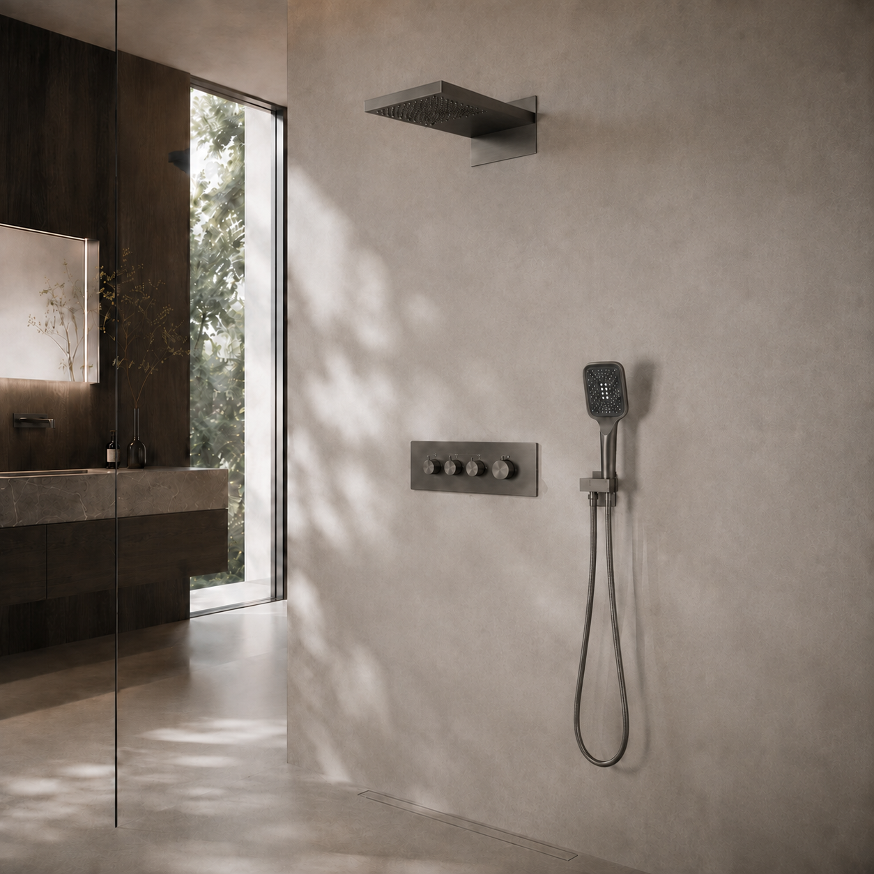 Bewater shower set, complete set with hand shower, Rain Shower including waterfall shower and concealed mixer