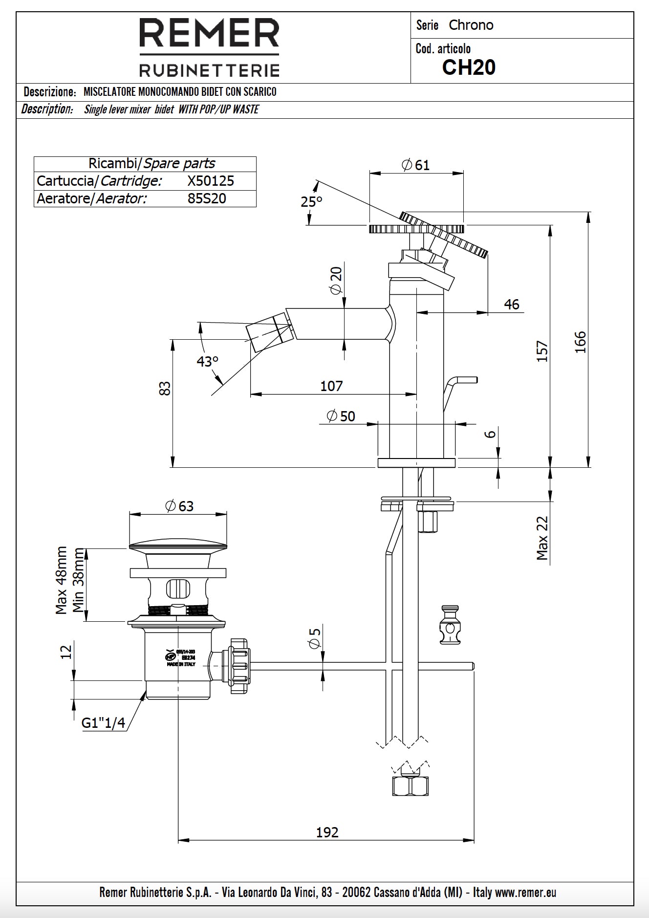 REMER Rub. Bidet battery - Chrono series - with waste fitting