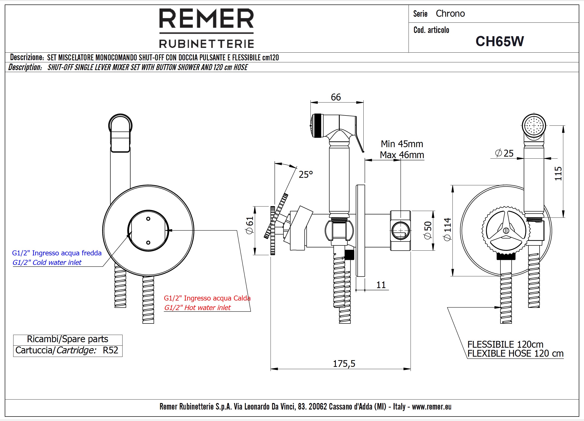 REMER Rub. Shut-off concealed fitting / hand shower - Chrono series