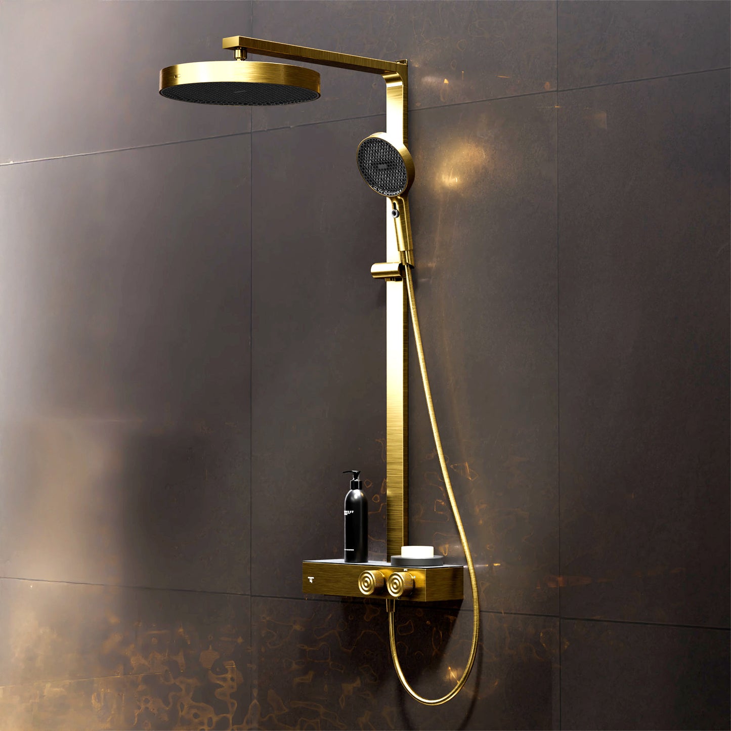 Steinberg Ensemble de douche avec étagère en verre, thermostat avec boutons rotatifs, Douche de tête et douche à tige, or brossé